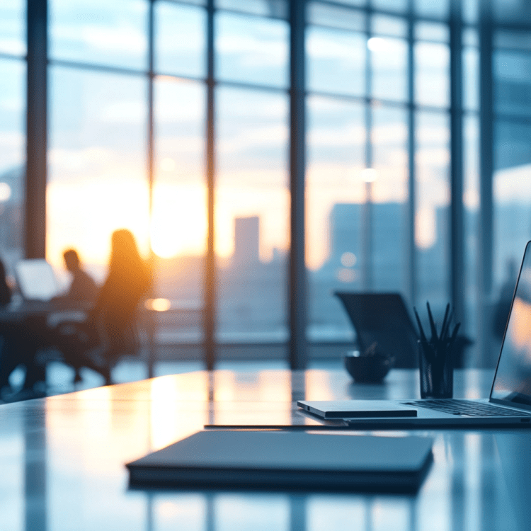 Bureau professionnel moderne au lever du soleil, symbolisant un cadre de travail apaisé grâce aux séances de sophrologie en entreprise pour mieux gérer le stress et améliorer la qualité de vie au travail