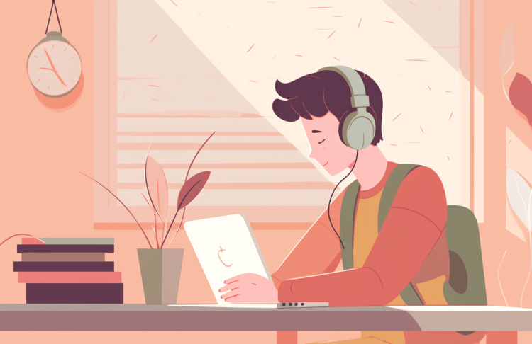 Adolescent concentré, casque audio sur les oreilles, en train d’écouter une séance de sophrologie sur ordinateur. Illustration douce pour illustrer un moment de détente avant les examens.