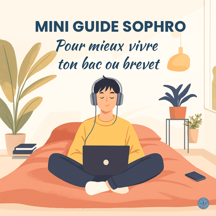 Illustration d’un adolescent détendu, casque audio sur les oreilles, écoutant une séance de sophrologie. Couverture du Mini Guide proposé par Marie Lamour-Bernard, sophrologue à Lanester, pour les jeunes en période d’examen.